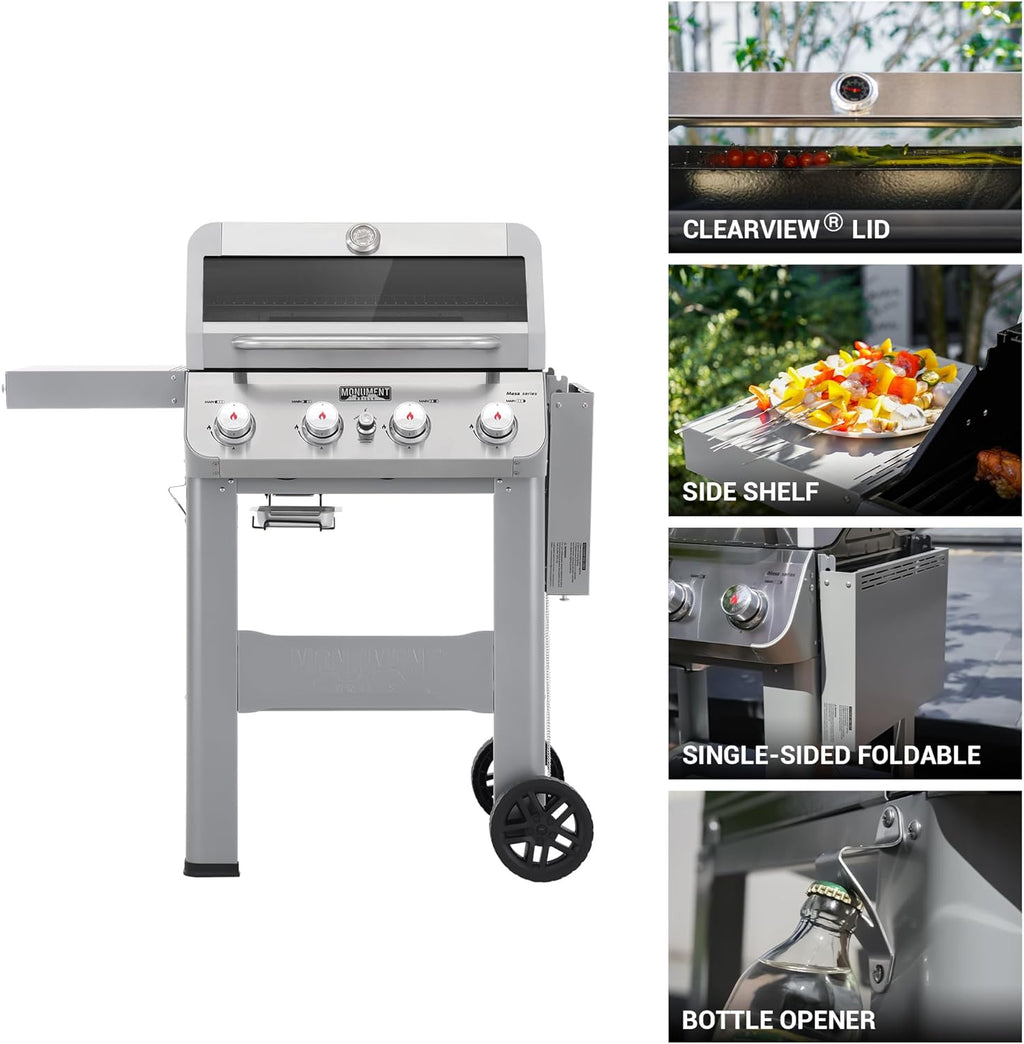 4-Burner Liquid Propane Gas Grill, Silver Stainless Steel Grill Outdoor Patio Garden Barbecue Grill with Clearview® Lid and One Foldable Shelves, Mesa400MF