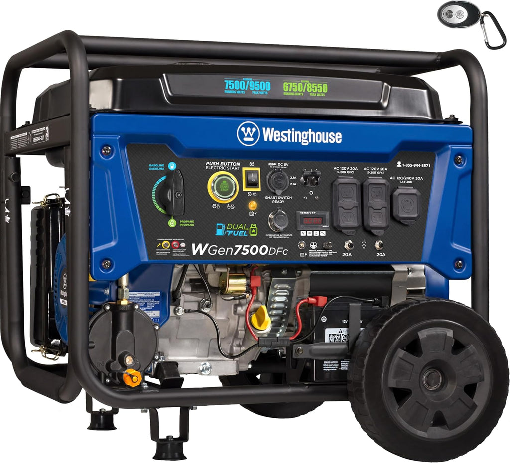Dual Fuel Home Backup Portable Generator, 12500 Peak Watts & 9500 Rated Watts, Remote Electric Start, Transfer Switch Ready, Gas and Propane Powered, CARB Compliant