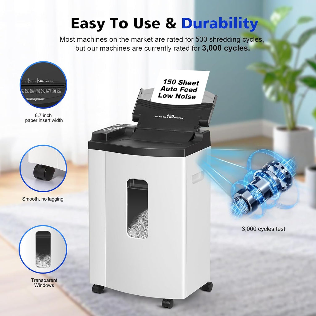 150 Sheet Auto-Feed Micro Cut Paper Shredder for Home Office Use, P-5 Super High Security (5/64 x 19/32 inches), Large 6-Gallon Bin, 20-Min Continuous Run, 55dB Ultra-Quiet, White