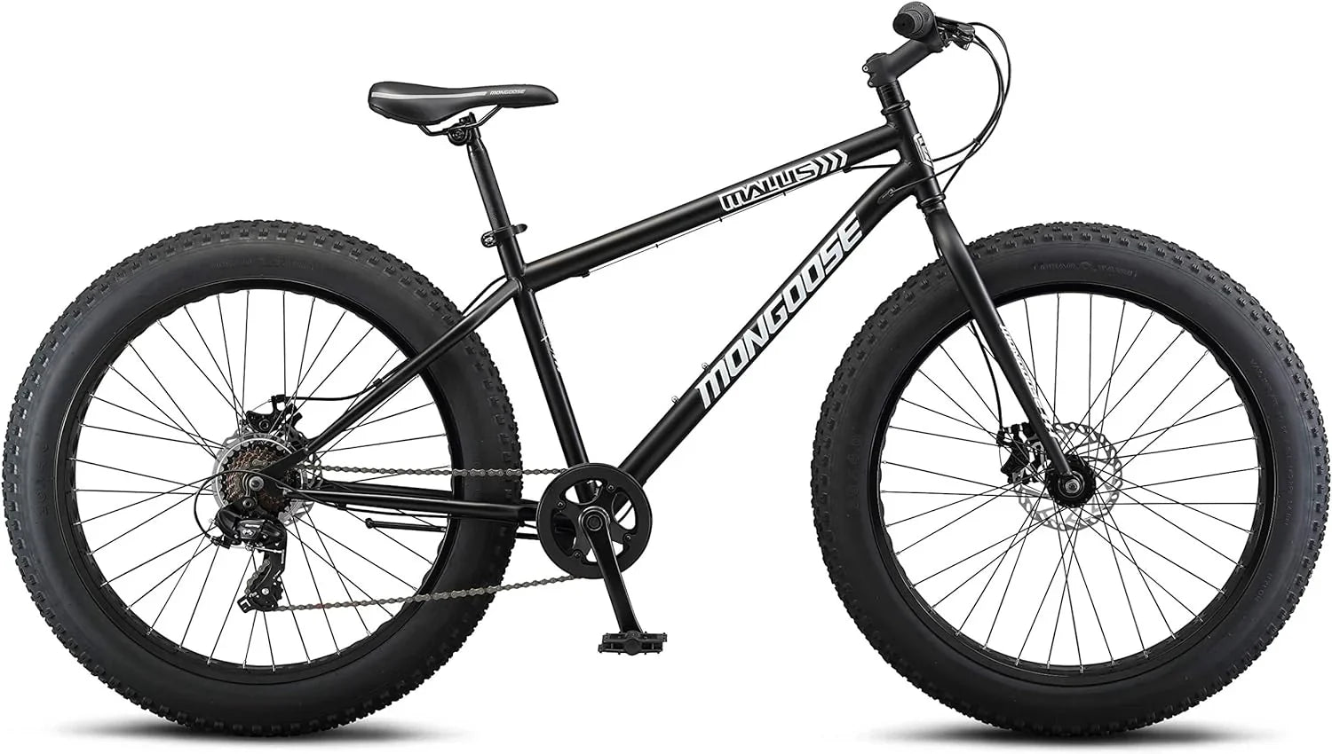 Malus Mens and Women Fat Tire Mountain Bike, 26-Inch Bicycle Wheels, 4-Inch Wide Knobby Tires, Steel Frame, 7 Speed Drivetrain, Shimano Rear Derailleur, Disc Brakes