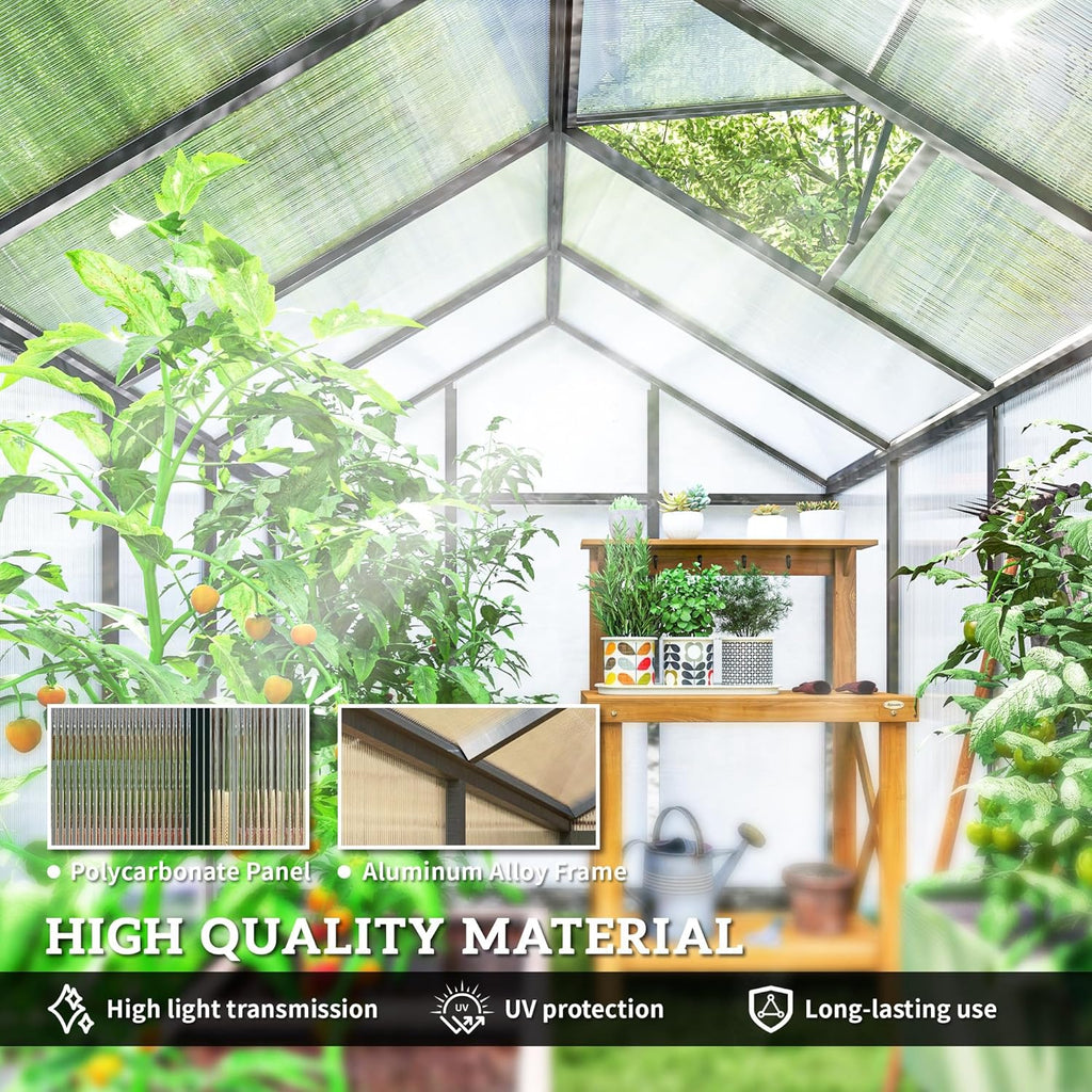 6' x 8' x 6.4' Polycarbonate Greenhouse, Aluminum Walk-in Green House Kit Garden, Plants Grow with Rain Gutter and Roof Vent
