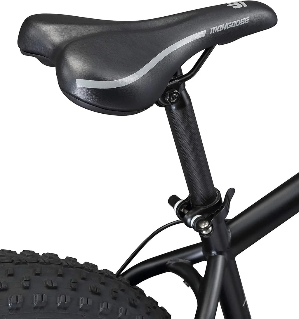 Malus Mens and Women Fat Tire Mountain Bike, 26-Inch Bicycle Wheels, 4-Inch Wide Knobby Tires, Steel Frame, 7 Speed Drivetrain, Shimano Rear Derailleur, Disc Brakes