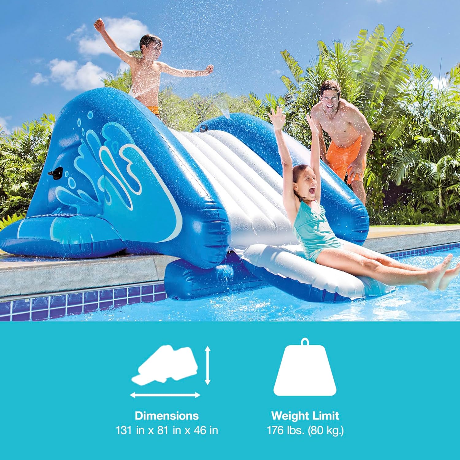 Splash Inflatable Water Slide Swimming Pool Play Center with Built in Sprayers for Kids and Adults, Ages 6 and Up, Blue