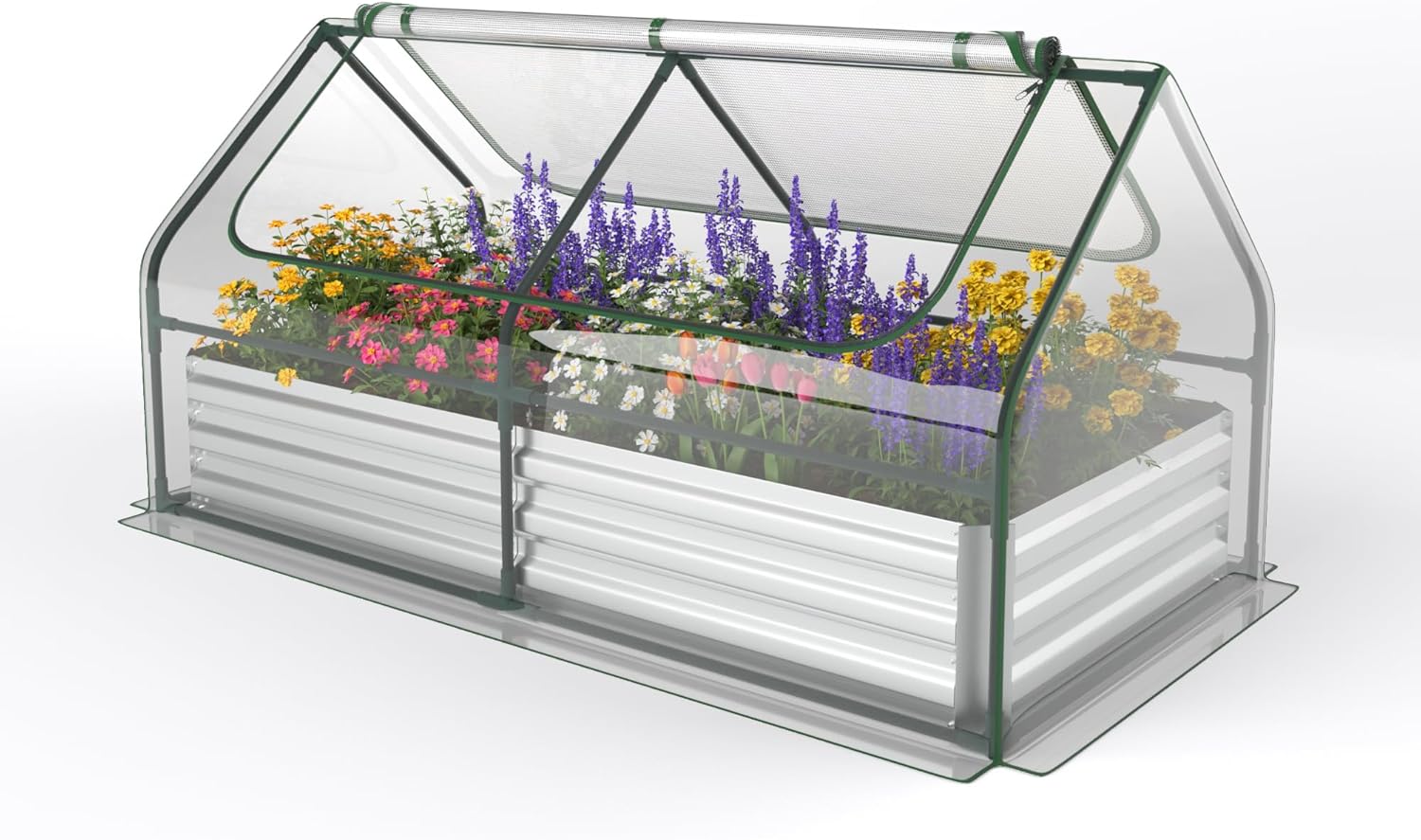 Galvanized Steel Raised Garden Bed with Mini Greenhouse, Outdoor Metal Planter Box Kit with Large Roll-up Cover, 71"x 35.5"x 36" Planter Raised Bed for Flower Vegetable Fruit (Green & Silver)