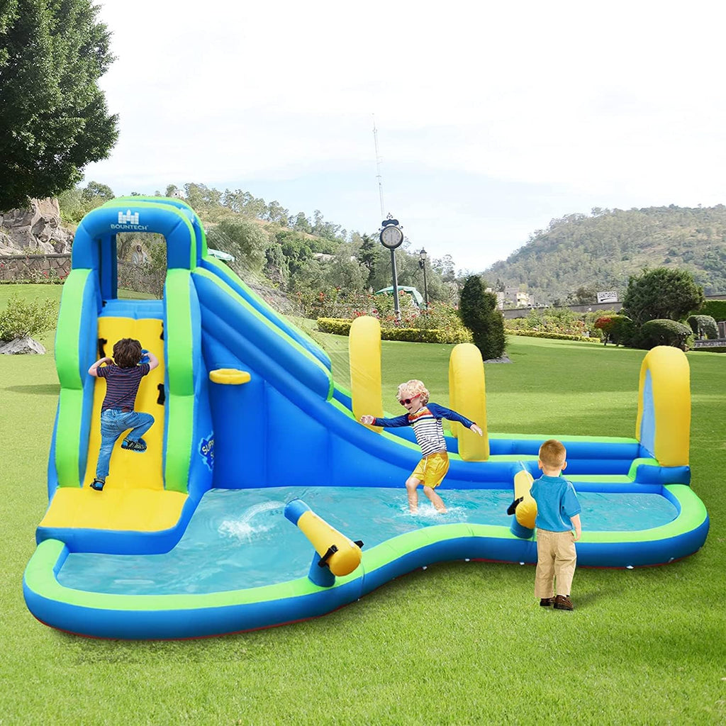 Inflatable Water Slides, 5 in 1 Kids Castle Bouncy House w/2 Water Cannons & Hose, Long Slides w/Arch, Climbing Wall & Splash Pool, Outdoor Blow Up Water Park for Backyard(Without Blower)