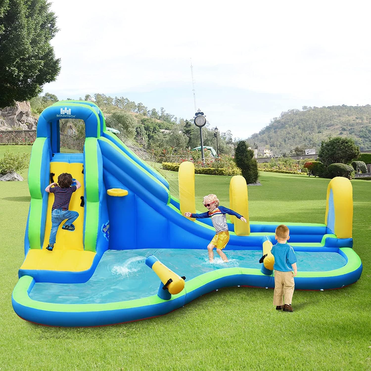 Inflatable Water Slides, 5 in 1 Kids Castle Bouncy House w/2 Water Cannons & Hose, Long Slides w/Arch, Climbing Wall & Splash Pool, Outdoor Blow Up Water Park for Backyard(Without Blower)