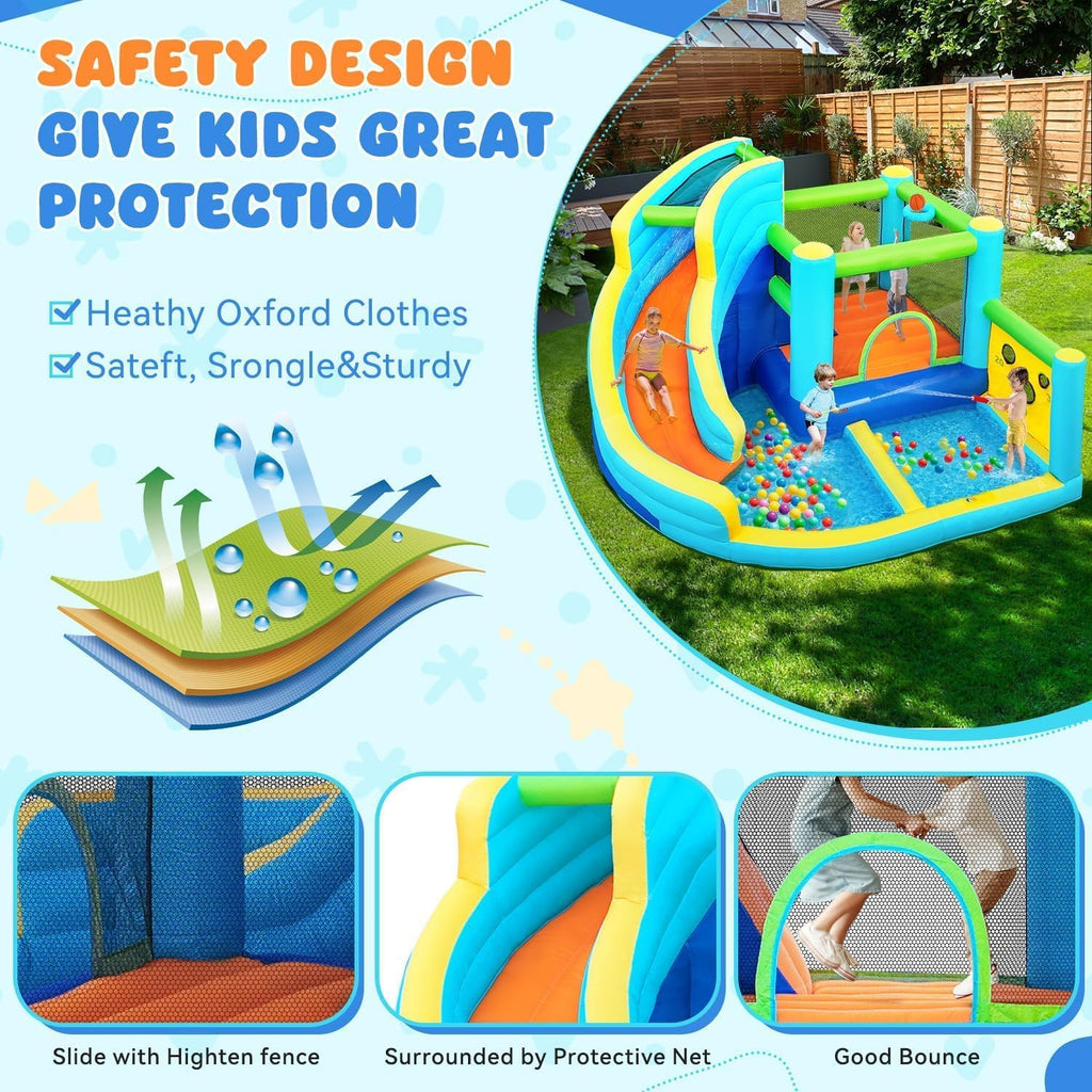 Inflatable Bounce House, Air Bounce House with Water Slides, Climbing Wall, Jumping and Splash Pool, Ball Shooting, Kids Bouncy Castle for Outdoor Backyard Discovery(with 450W Blower)