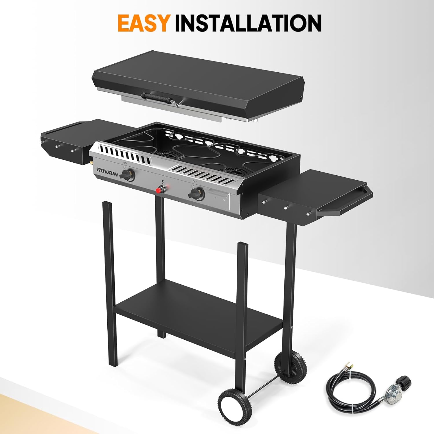 2 Burner Outdoor Propane Gas Stove with Griddle, Auto-ignition, Regulator & Side Shelves, 150,000 BTU Powerful Stand Cooker for Backyard Cooking Home Brewing Canning Frying Grilling