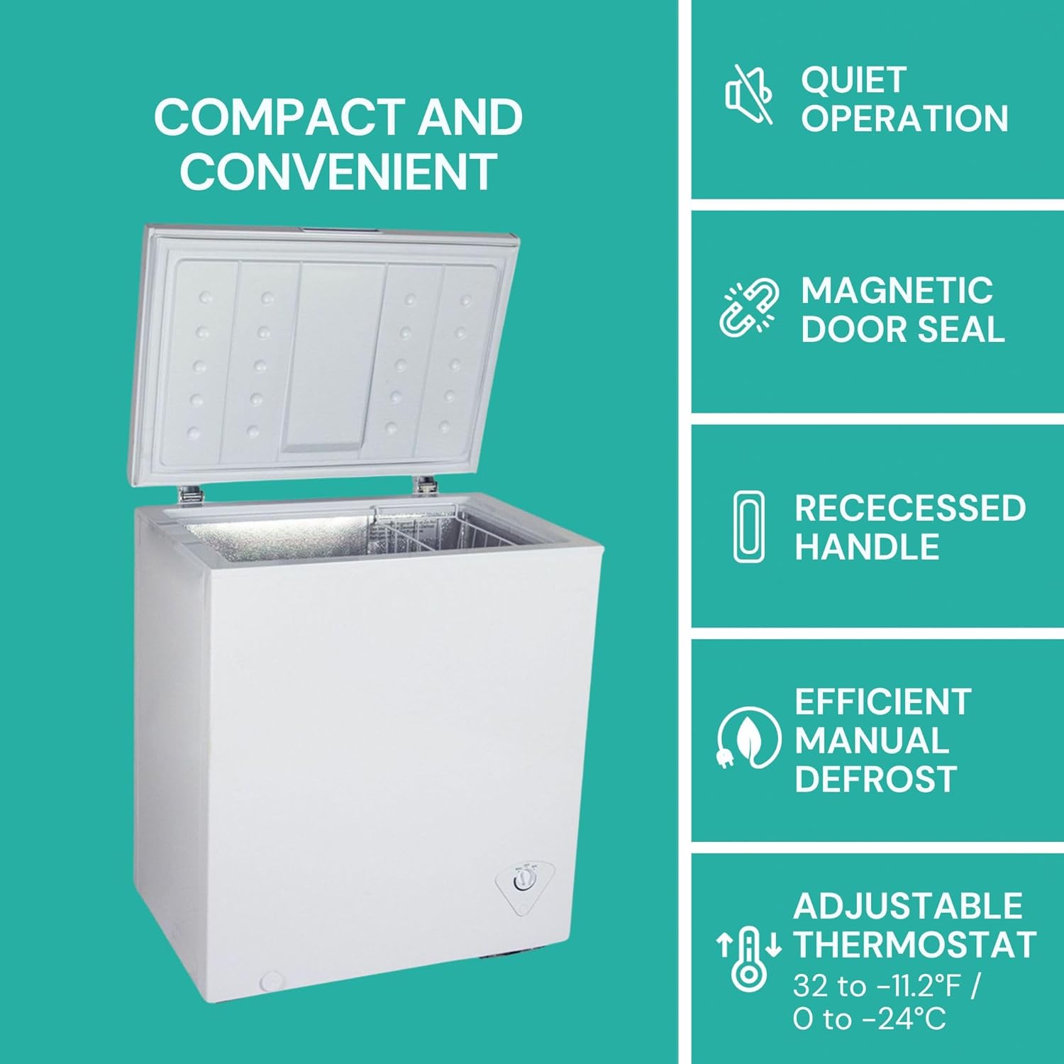 5.0 cu ft (155L), White, Manual Defrost Deep Freeze, Storage Basket, Space-Saving Flat Back, Stay-Open Lid, Front-Access Defrost Drain, for Apartment, Condo, Cottage