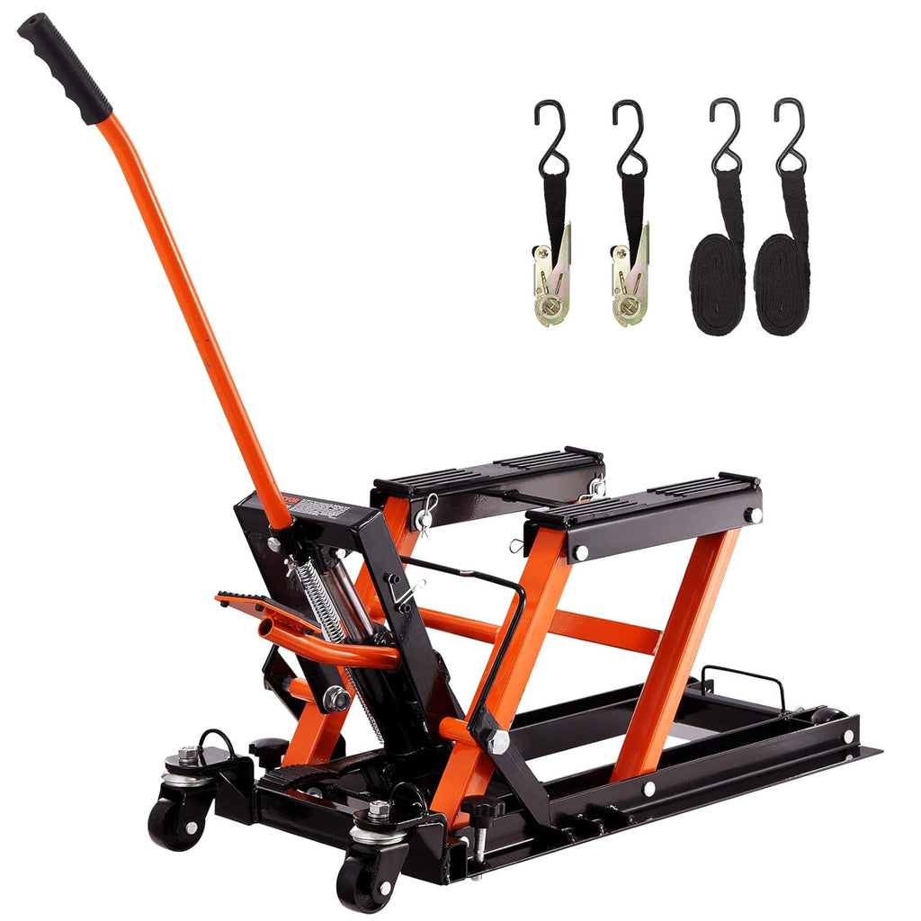 Hydraulic Motorcycle Lift Jack, 1500 LBS Capacity ATV Scissor Lift Jack, Portable Motorcycle Lift Table with 4 Wheels, Hydraulic Foot-Operated Hoist Stand for Motorcycle ATV UTV Powersports