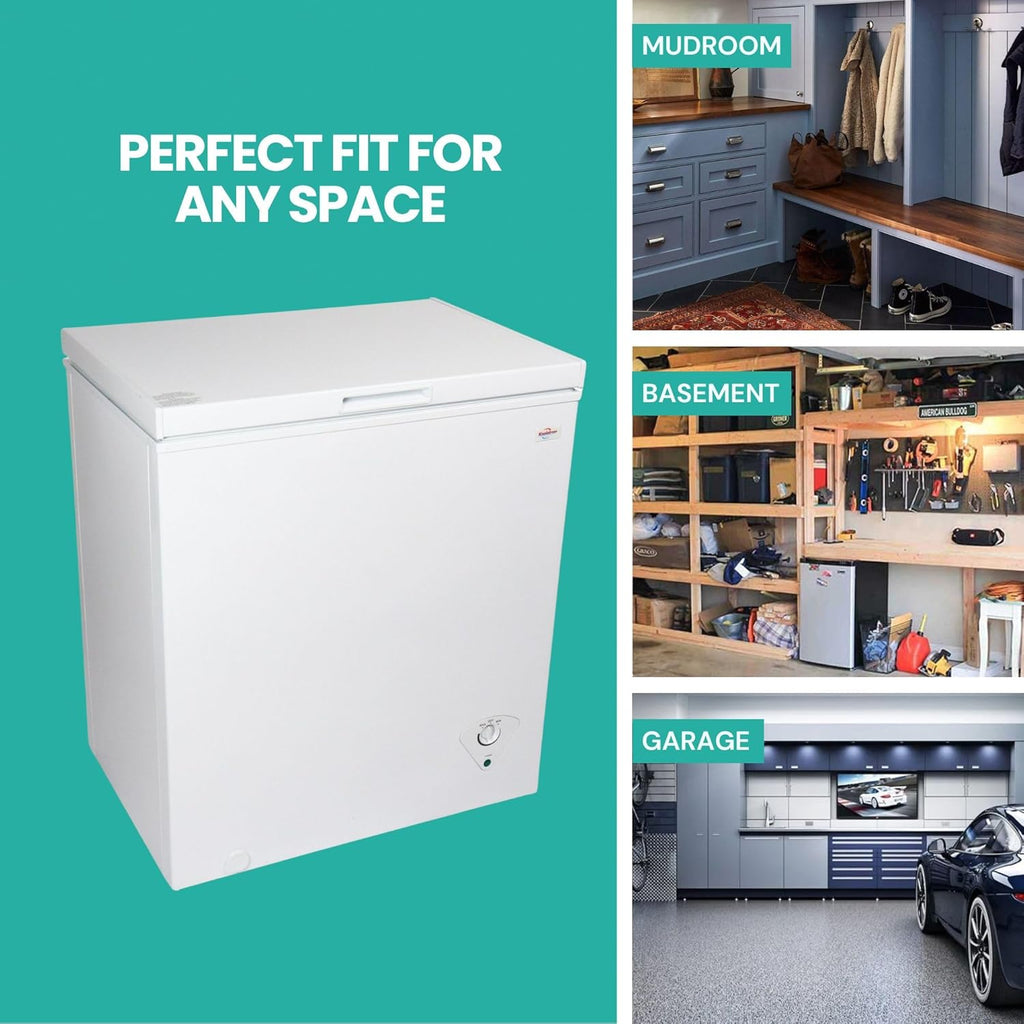 5.0 cu ft (155L), White, Manual Defrost Deep Freeze, Storage Basket, Space-Saving Flat Back, Stay-Open Lid, Front-Access Defrost Drain, for Apartment, Condo, Cottage