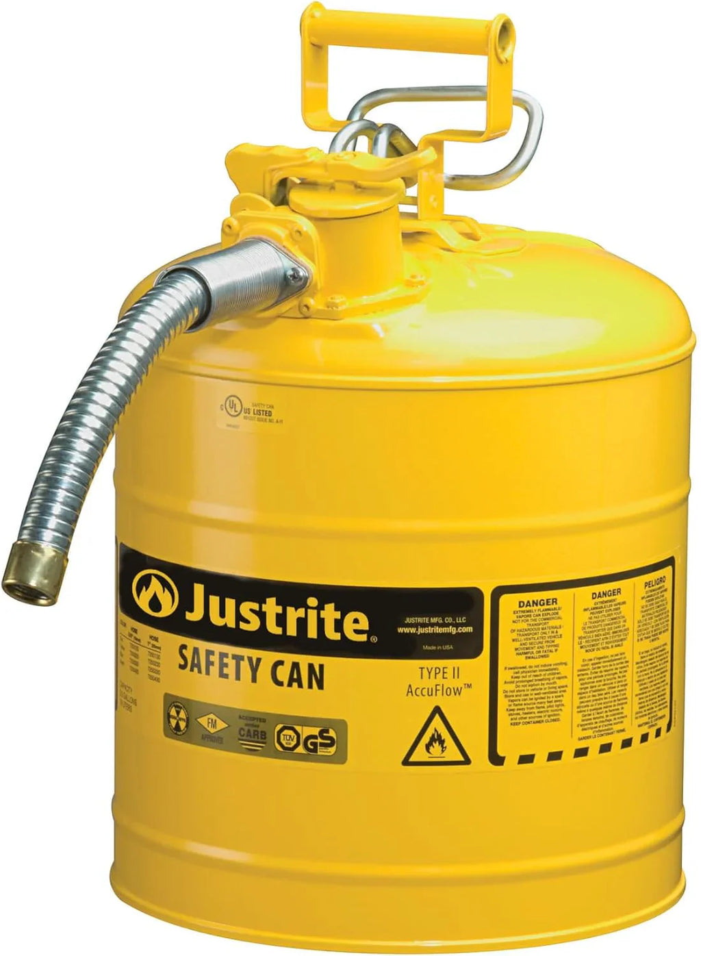 Justrite 5-Gallon Type II Red Safety Gas Can �� OSHA-Approved Steel Fuel Container with Flame Arrester, Self-Closing Lid & 1" Flexible Spout (7250130)