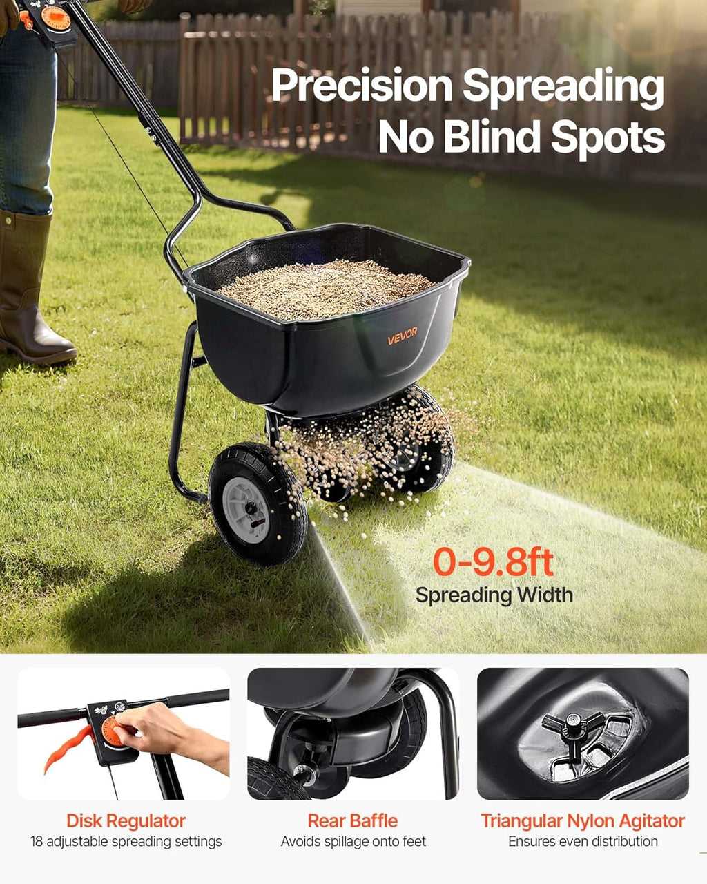 Broadcast Spreader, 60LBS Capacity, Walk-Behind Push Spreader, 0-9.8 ft Spreading Width, 10 in All Terrain Pneumatic Tires, Lawn Spreaders with Hopper Grate, for Seed, Fertilizer, Salt, Ice Melt