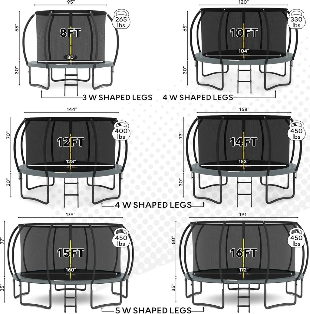 JUMPZYLLA Trampoline 8FT 10FT 12FT 14FT 15FT 16FT Trampoline with Enclosure - Recreational Trampolines with Ladder and AntiRust Coating, ASTM Approval Outdoor Trampoline for Kids