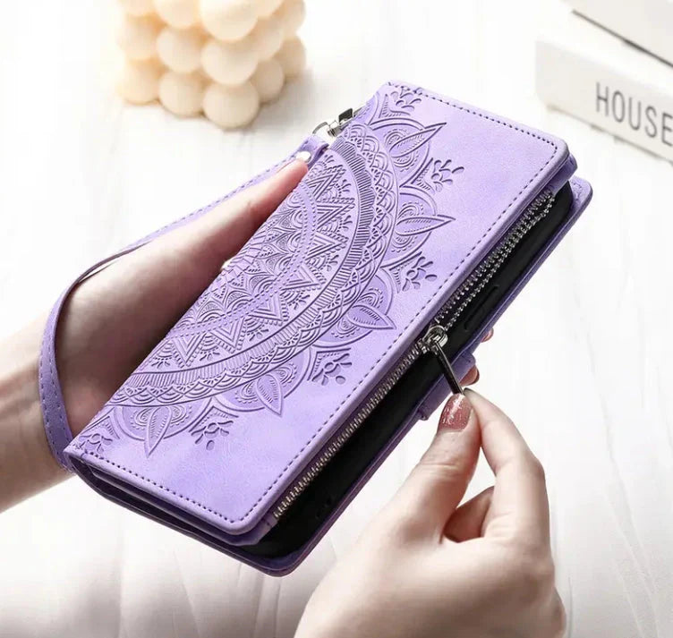 Long Lanyard Flap Faux Leather Phone Case - Zipper Wallet Card Holder Case