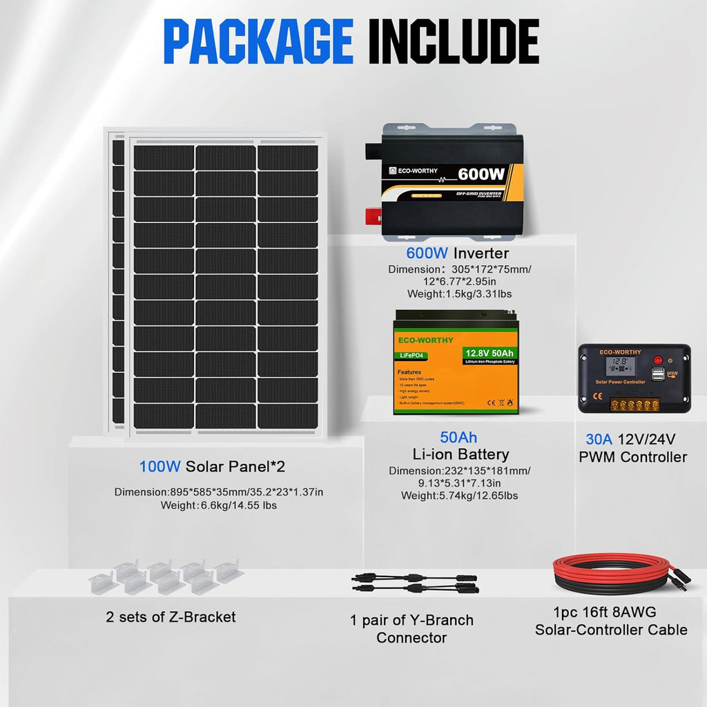 200 Watts 12 Volts Solar Panel Starter Kit for RV, Camper, Shed, Trailer, Cabins, Water Pump and Any Other Off Grid Applications