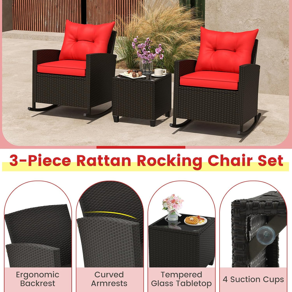 3 Pieces Patio Furniture Set, Outdoor Wicker Rocking Chairs with Soft Cushions, Glass Coffee Table, Rattan Conversation Bistro Rocker Set for Front Porch Balcony Garden Deck Poolside (Red)