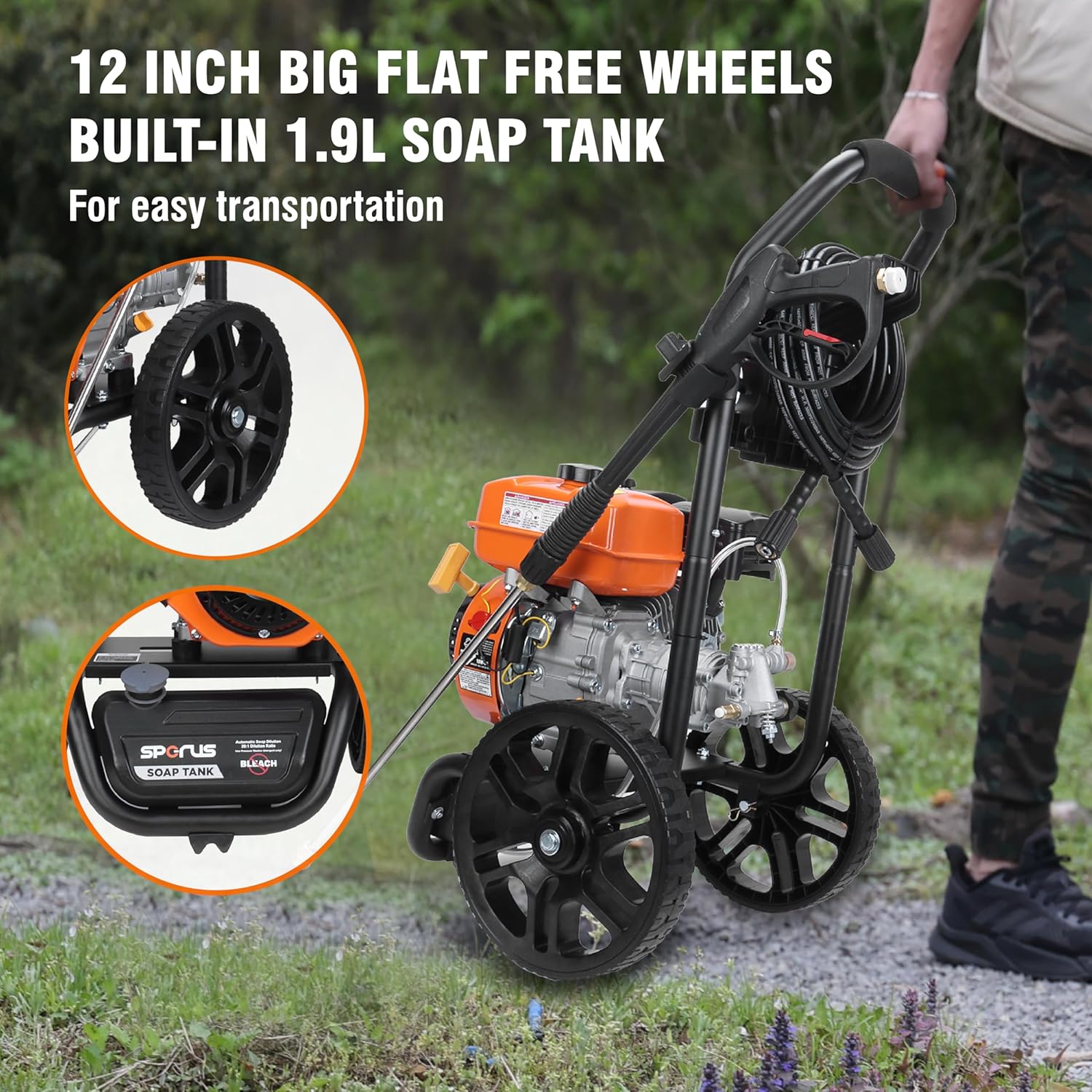 Hihg Pressure Washer 3200 PSI and 2.5 GPM, 5 QC Nozzle Tips and Onboard Soap Container for Cars/Fences/Patios/Driveways/Homes, EPA Compliant, Power Washer Gasoline Powered