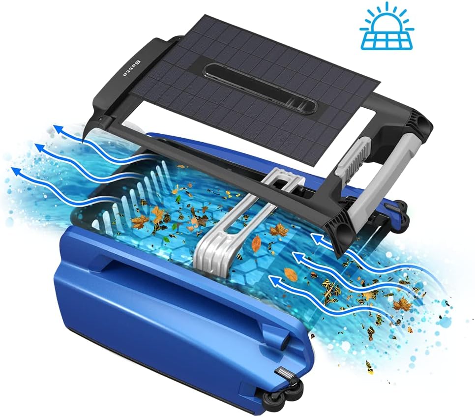 SE features a solar-powered automatic pool skimmer robot, with enhanced internal durability and a redesigned dual-salt chlorine-resistant motor (white)