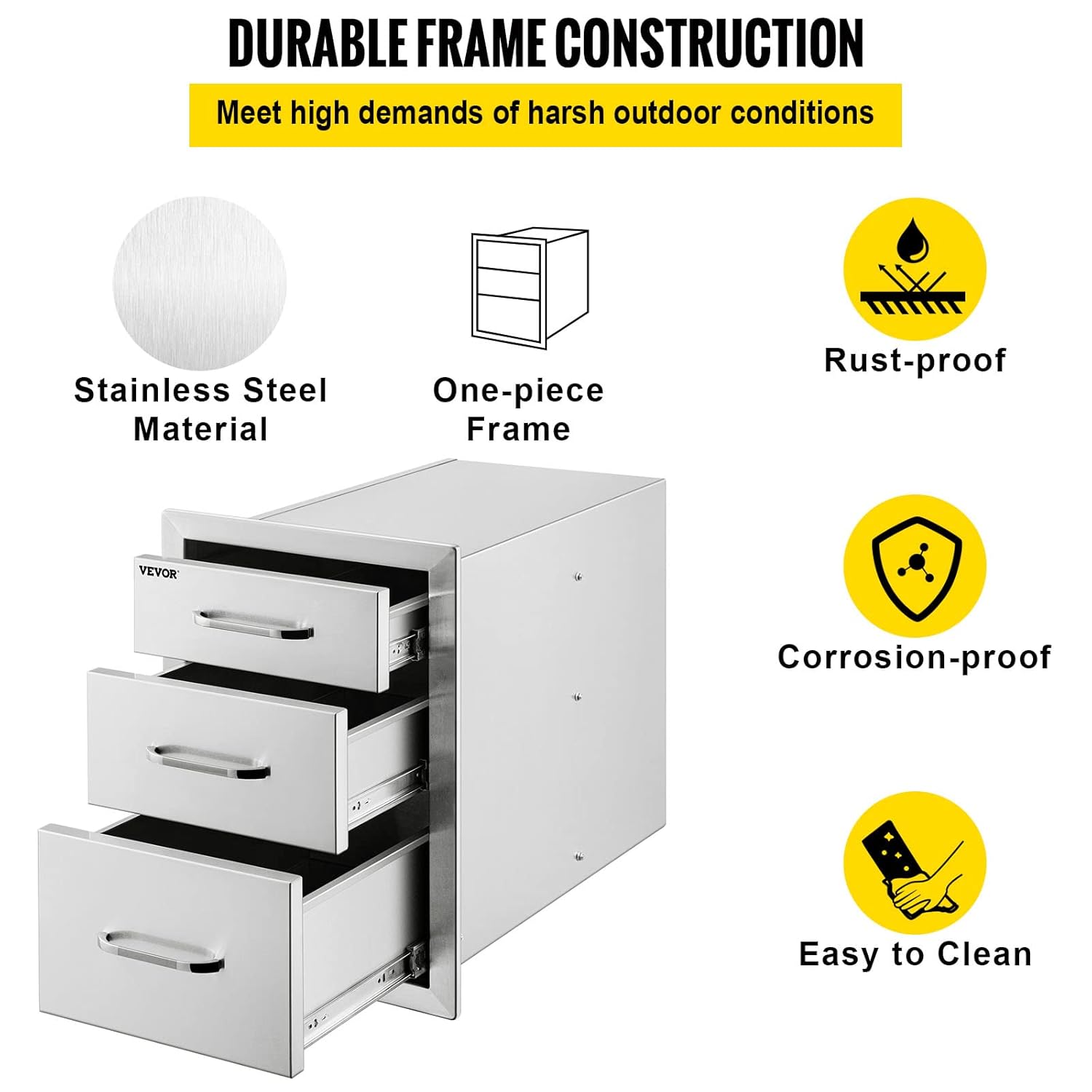 14x20.3 Inch Outdoor Kitchen Drawers Stainless Steel, Flush Mount Triple Drawers, 14W x 20.3H x 23D Inch, with Stainless Steel Handle, BBQ Drawers for Outdoor Kitchens or BBQ Island