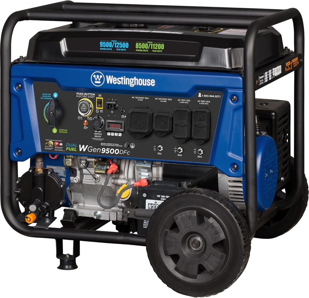Dual Fuel Home Backup Portable Generator, 12500 Peak Watts & 9500 Rated Watts, Remote Electric Start, Transfer Switch Ready, Gas and Propane Powered, CARB Compliant