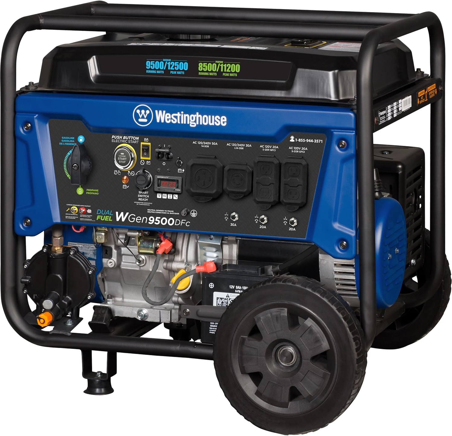 Dual Fuel Home Backup Portable Generator, 12500 Peak Watts & 9500 Rated Watts, Remote Electric Start, Transfer Switch Ready, Gas and Propane Powered, CARB Compliant