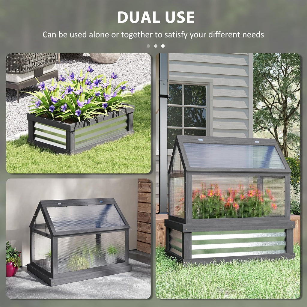 Raised Garden Bed with Polycarbonate Greenhouse, Wooden Cold Frame Greenhouse, Garden Flower Planter Protection, Peak Roof, 35.5" x 22.5" x 38.25", Gray
