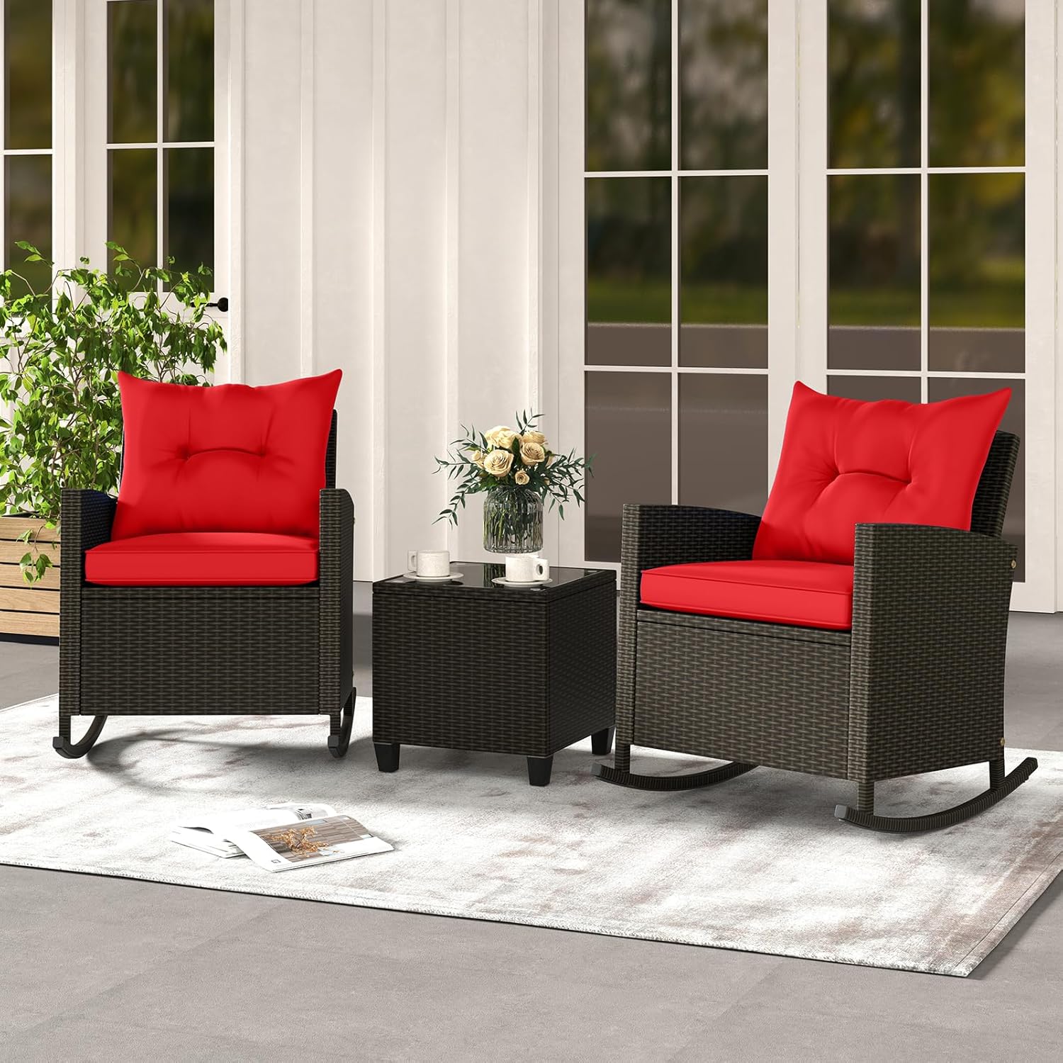 3 Pieces Patio Furniture Set, Outdoor Wicker Rocking Chairs with Soft Cushions, Glass Coffee Table, Rattan Conversation Bistro Rocker Set for Front Porch Balcony Garden Deck Poolside (Red)
