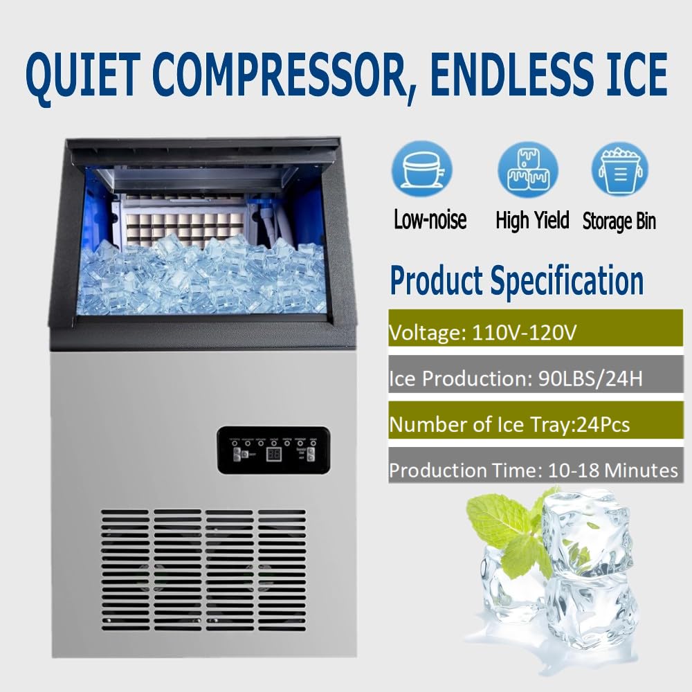 Commercial Ice Maker Machine, 90lbs/24H Ice Maker Machine with 33LBS Storage Bin, Stainless Steel Freestanding Ice Machine, Tap Water & Top Loading Under Counter ice Machine for Restaurant