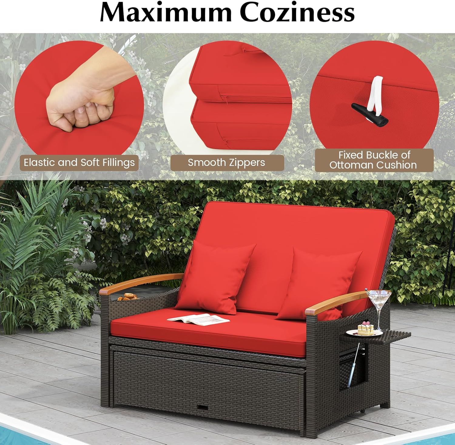 Outdoor Wicker Sofa Daybed, Rattan Loveseat with Folding Panels & Storage Ottoman, 4-Level Adjustable Backrest, Cozy Cushions Included, Sun Lounger Daybed for Backyard Porch,