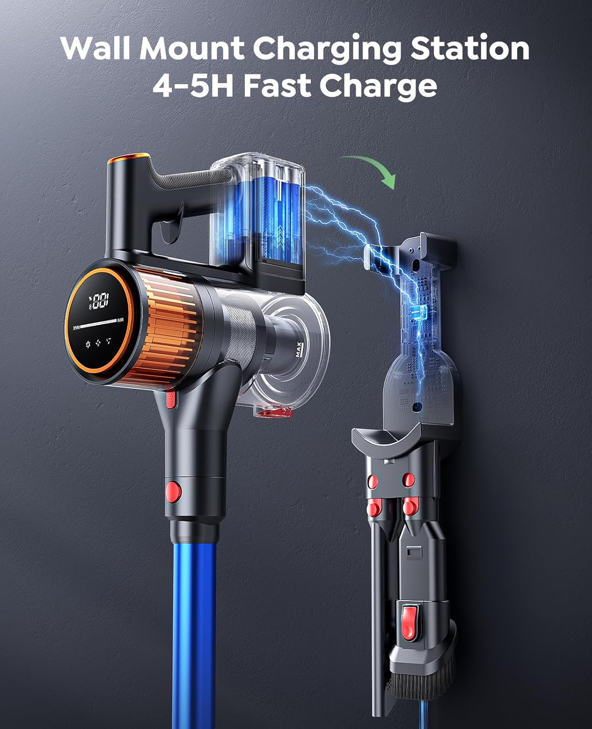 Cordless Vacuum Cleaner, 550W 45Kpa Self-Standing Vacuum Cleaners with 60 Mins Runtime, Powerful Cordless Vacuum with Wall Mount Charging, Stick Vacuum for Home/Pet Hair/Carpets/Hard Floors