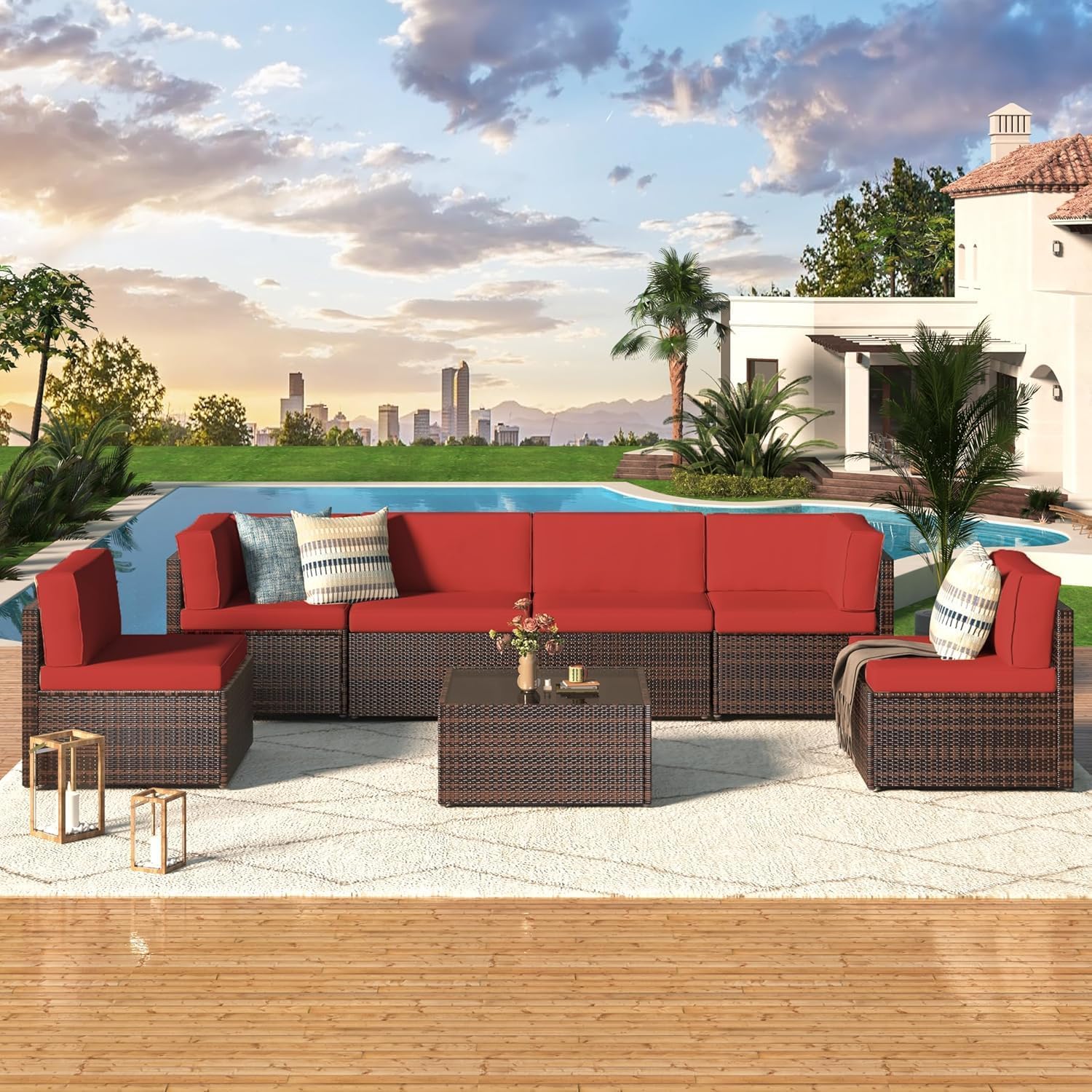 7 Piece Outdoor Patio Furniture Set, PE Rattan Wicker Sofa Set, Outdoor Sectional Furniture Chair Set with Navy Cushions and Tea Table, Black Rattan