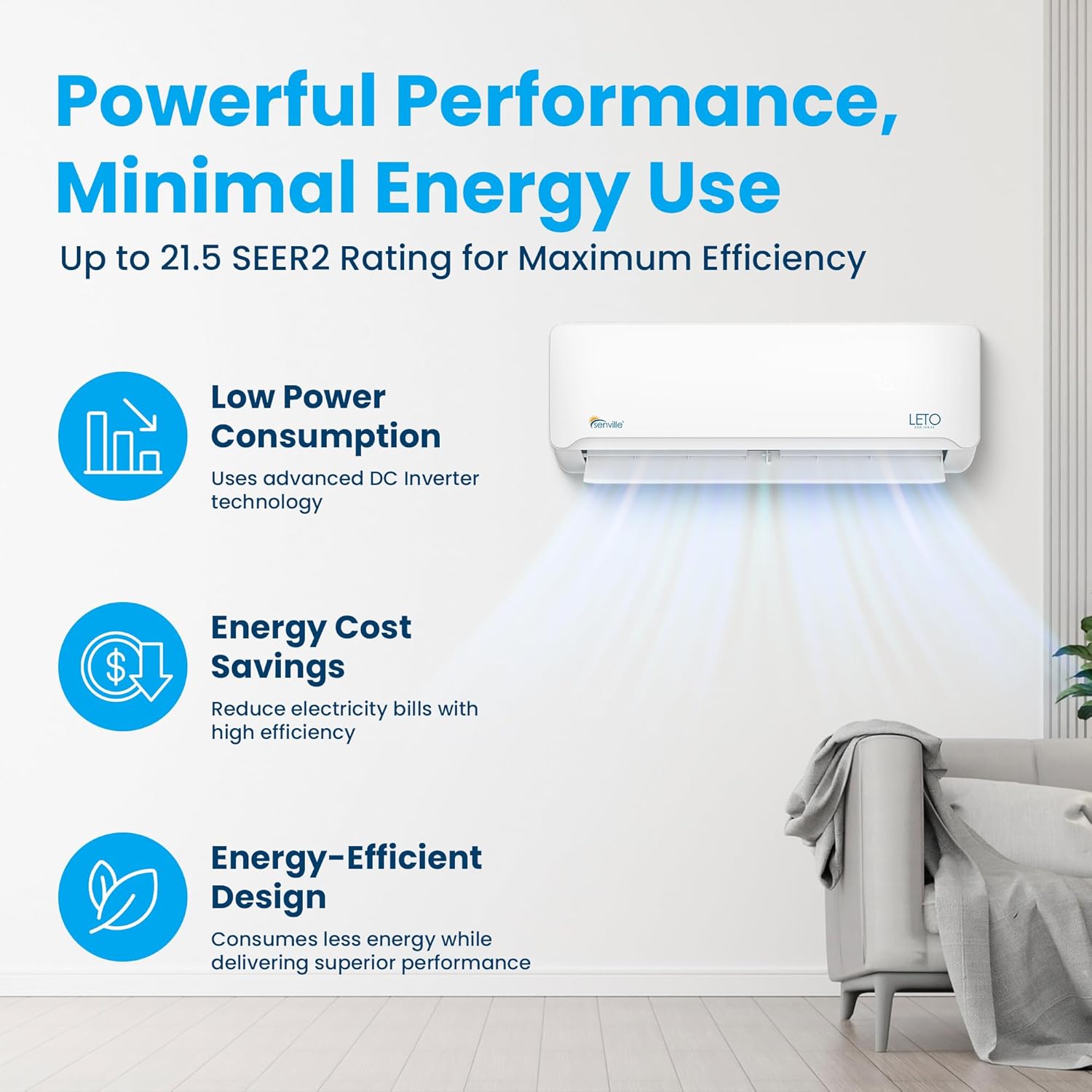 Mini split air conditioning heat pump, 9000 watts, 110/120 volts, variable frequency, supports Alexa function, energy efficiency ratio 21.5, white