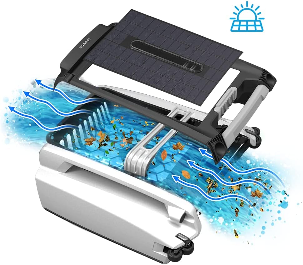 SE features a solar-powered automatic pool skimmer robot, with enhanced internal durability and a redesigned dual-salt chlorine-resistant motor (white)