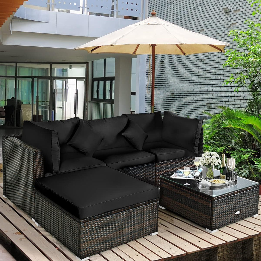 5 Piece Outdoor Patio Furniture, L-Shaped Wicker Sectional Sofa with Tempered Glass Table, Ottoman, 3 Single Chairs, Rattan Conversation Set for Backyard, Porch, Balcony, Beige