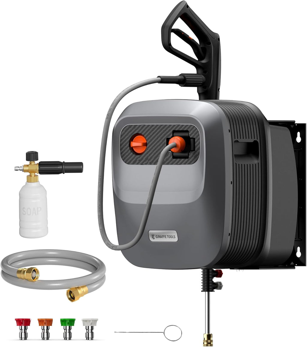 Pressure Washer G20 Pro, 2500 PSI 2.2 GPM, Wall Mounted Power Washer with 65FT Hose Reel, 4 Nozzles, Foam Cannon for Floor/Cars/Fences/Patios, Dark Silver