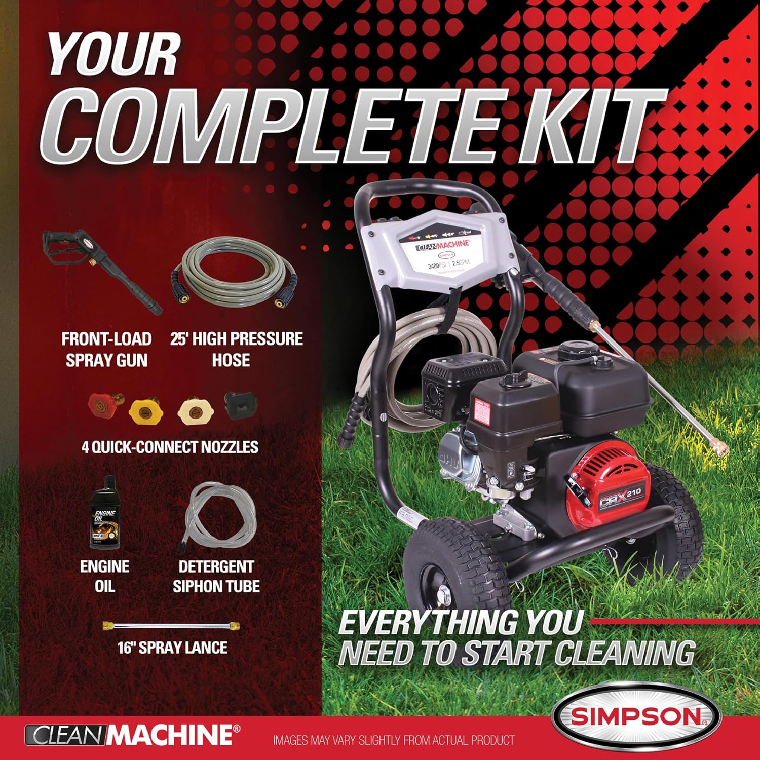 Clean Machine 3400 PSI Gas Pressure Washer, 2.5 GPM, CRX Engine, Includes Spray Gun and Wand, 4 QC Nozzle Tips, 5/16-in. x 25-ft.