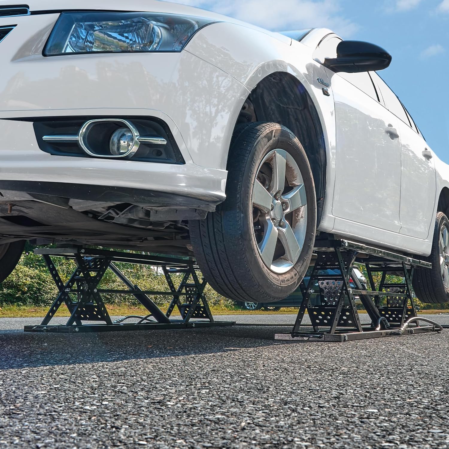 7,000 LBS Capacity Portable Car Lift, with Extended-Length Plates, 26.8" Max. Height, Heavy-Duty Carbon Steel Truck Lift with Power Unit for Home Garage Shop