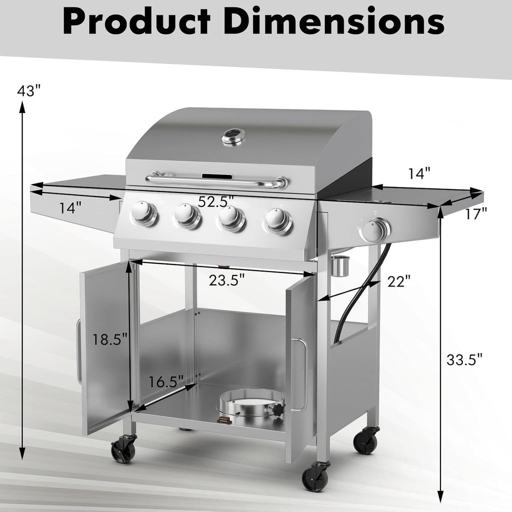 Propane Gas Grill 50,000 BTU, 4 Main Burners, 1 Side Burner, 2 Prep Tables, Stainless Steel Heavy-Duty BBQ Grill with 4 Wheels for Backyard Party Outdoor Cooking