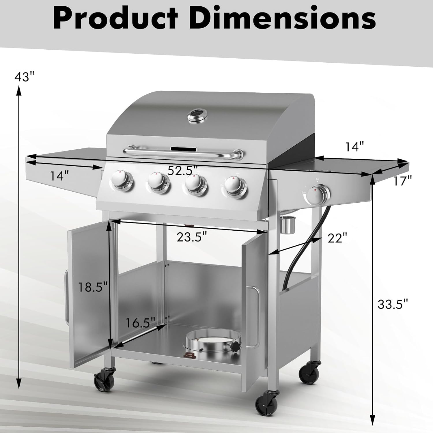Propane Gas Grill 50,000 BTU, 4 Main Burners, 1 Side Burner, 2 Prep Tables, Stainless Steel Heavy-Duty BBQ Grill with 4 Wheels for Backyard Party Outdoor Cooking