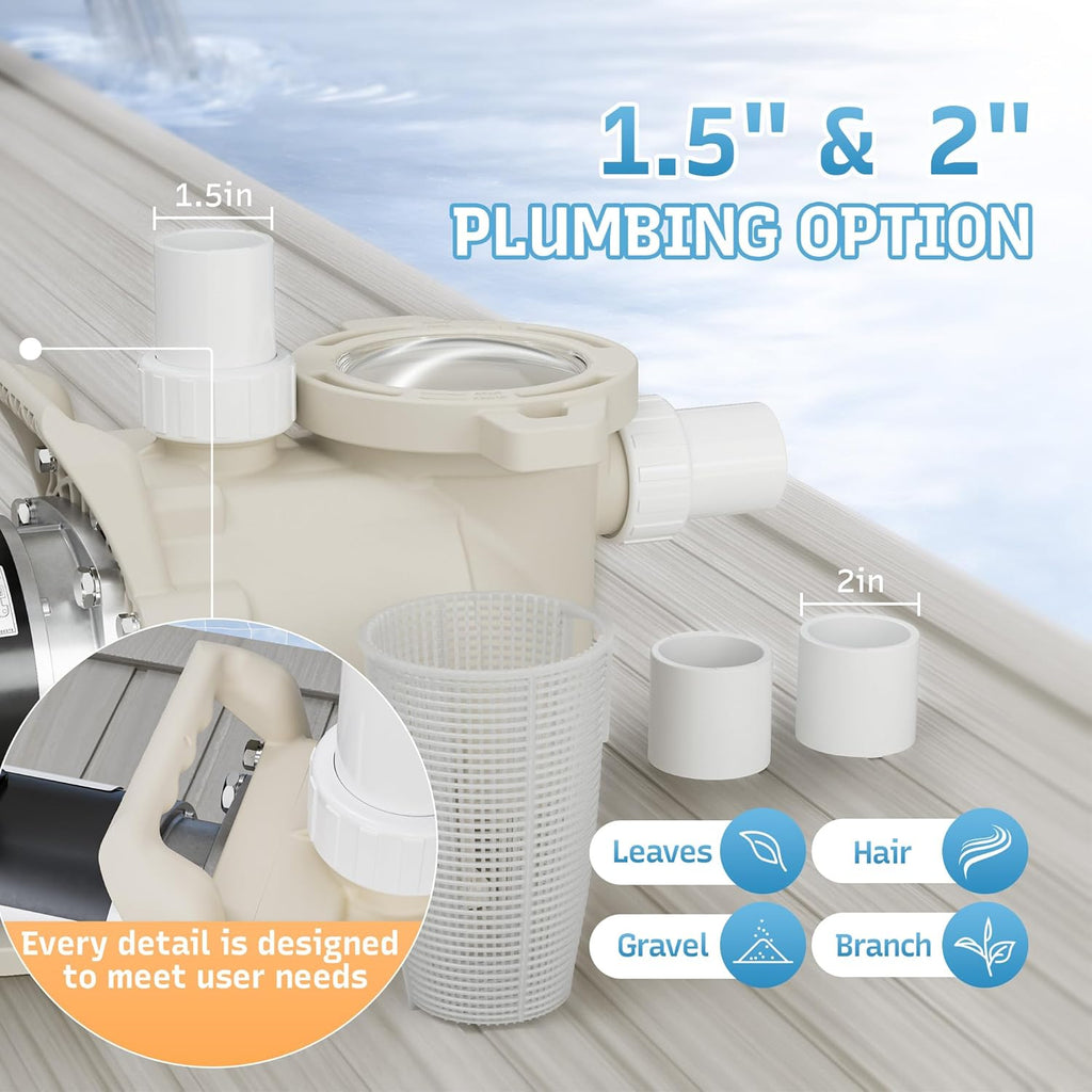Single-speed pool pump, 1.5 horsepower, 115/208-230 volts, embedded pool pump, flow rate 6900 gallons per hour, low-noise pool pump, high flow, powerful self-suction pool pump, with filter basket, embedded design