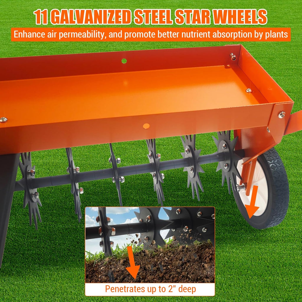 Traction-type weed remover, 40-inch traction-type sharp-toothed weed remover with transport wheels, steel teeth, tray, suitable for towing-type weed remover for farms, lawns and gardens, with adjustable handle
