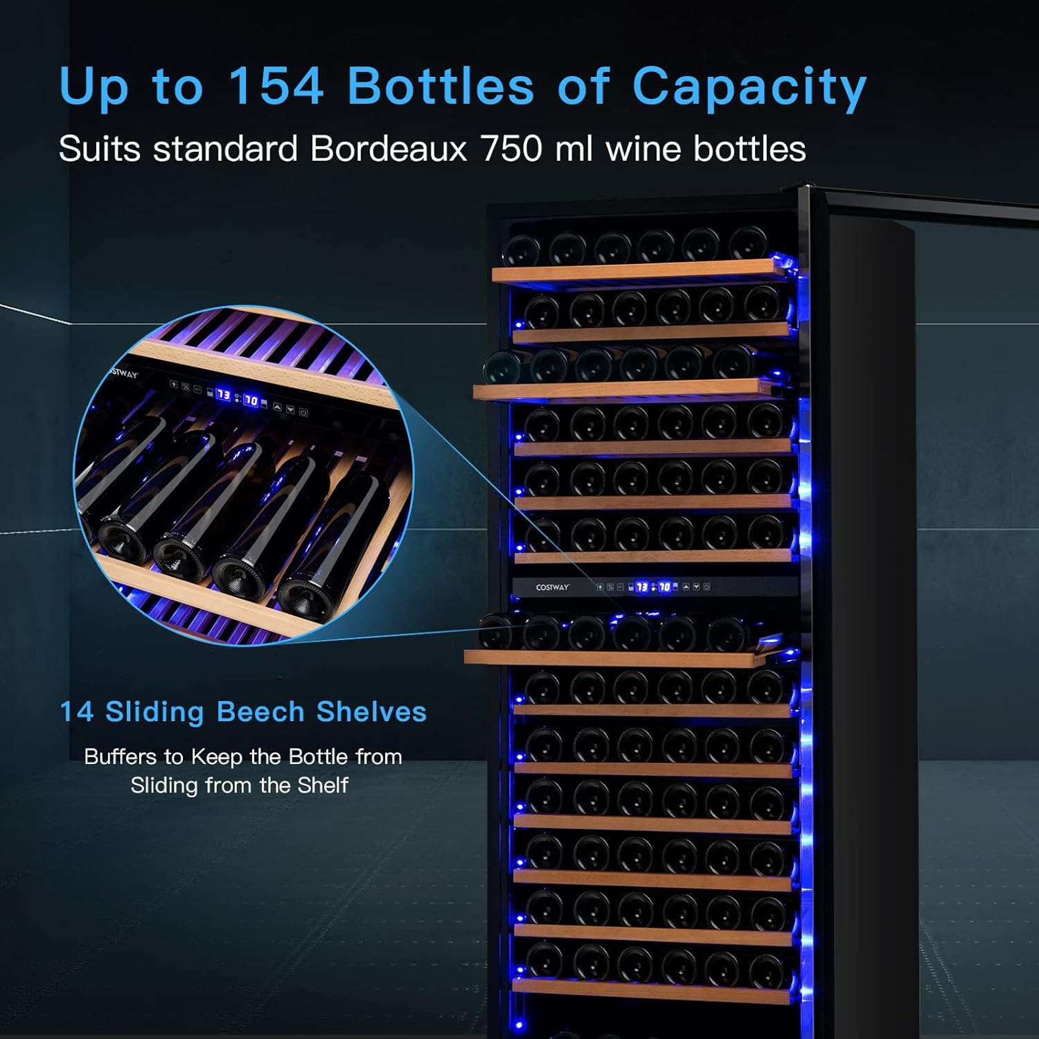 24-Inch Wine Cooler Refrigerator, 154-Bottle Dual Zone Wine Cellar with Dual Temperature Control, Tempered Glass Door, Memory Function, Freestanding or Built-in Wine Fridge for Home Bar