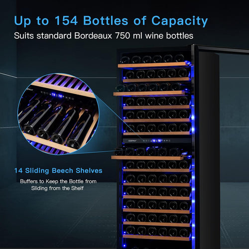 24-Inch Wine Cooler Refrigerator, 154-Bottle Dual Zone Wine Cellar with Dual Temperature Control, Tempered Glass Door, Memory Function, Freestanding or Built-in Wine Fridge for Home Bar