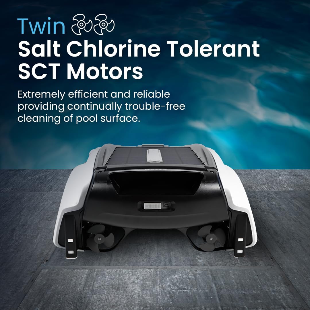 SE features a solar-powered automatic pool skimmer robot, with enhanced internal durability and a redesigned dual-salt chlorine-resistant motor (white)