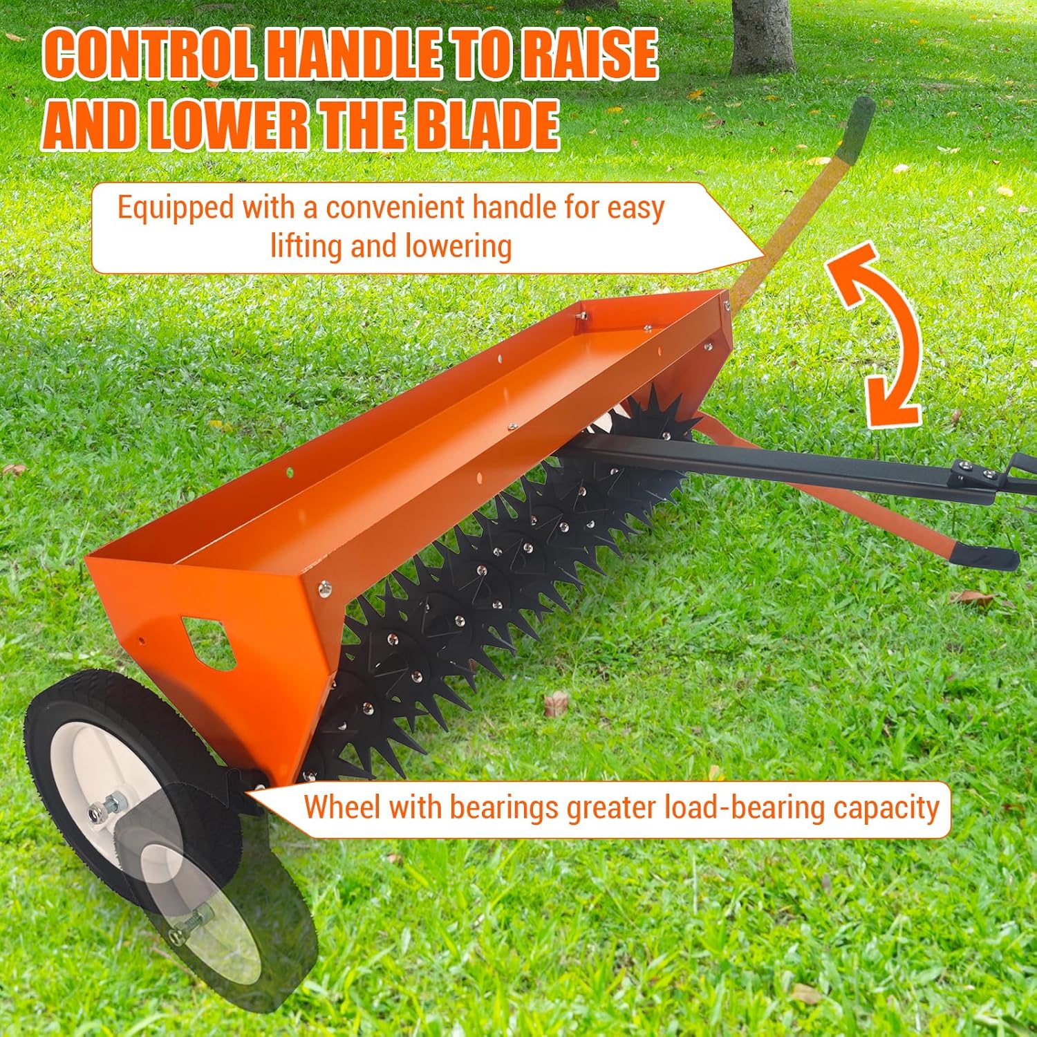 Traction-type weed remover, 40-inch traction-type sharp-toothed weed remover with transport wheels, steel teeth, tray, suitable for towing-type weed remover for farms, lawns and gardens, with adjustable handle