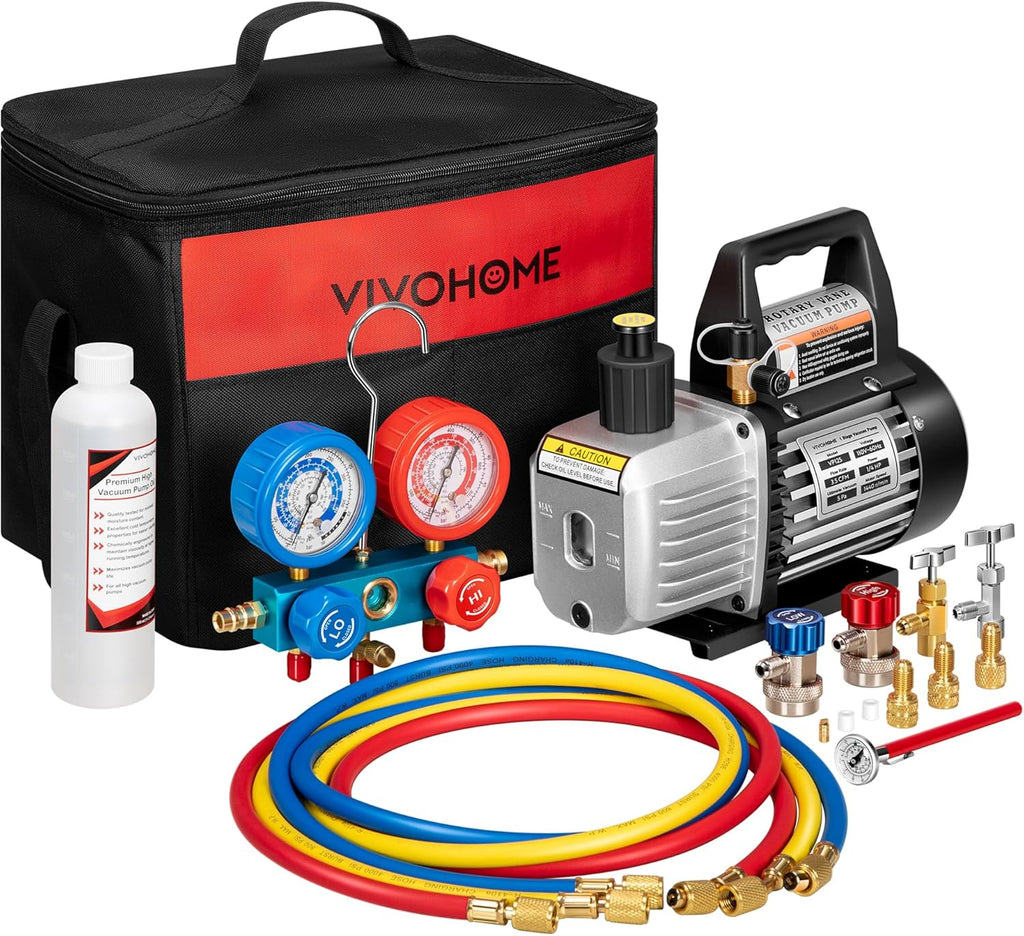 110V 1/4 HP 3.5CFM Single Stage Rotary Vane Air Vacuum Pump and AC Manifold Gauge Set Kit with Thermometer for R134a R12 R22 R502 R410a HVAC Air Conditioning Refrigeration Recharging Red