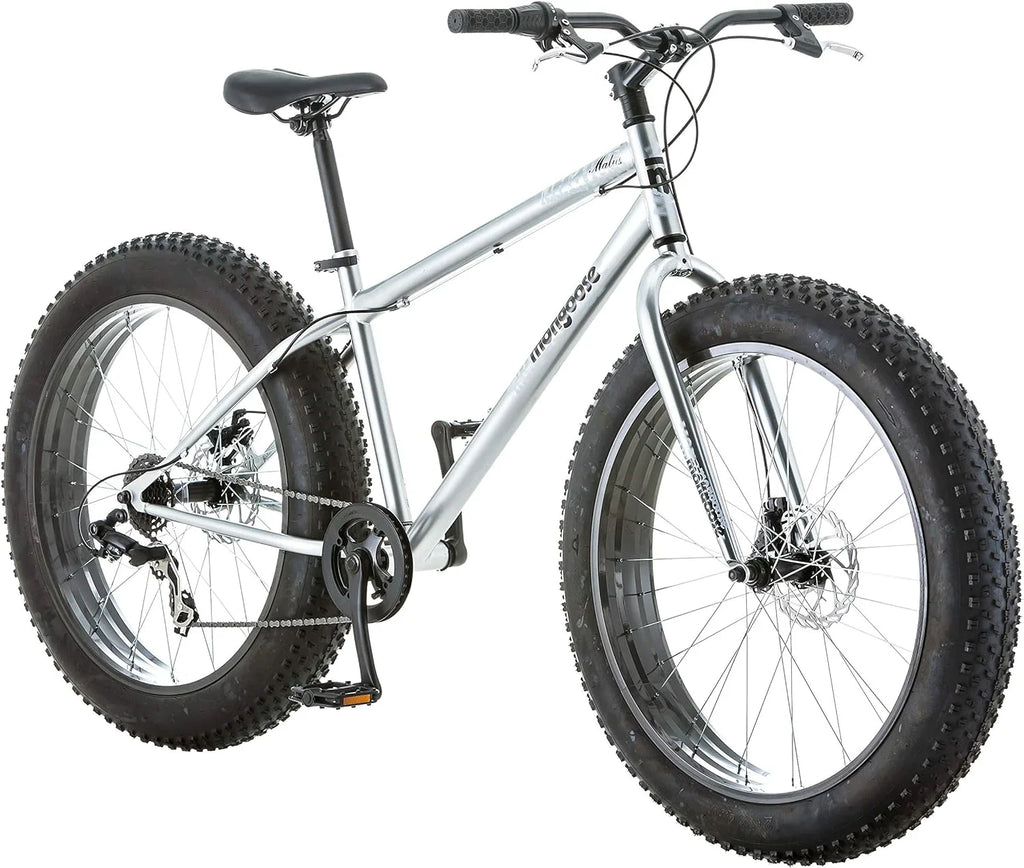 Malus Mens and Women Fat Tire Mountain Bike, 26-Inch Bicycle Wheels, 4-Inch Wide Knobby Tires, Steel Frame, 7 Speed Drivetrain, Shimano Rear Derailleur, Disc Brakes