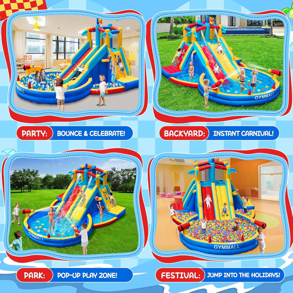 Inflatable Water Slide Bounce House with 550 W Blower, 8-in-1 Blow up Bouncy Castle Waterslide Park for Kids Outdoor and Indoor, Bouncer House with Large Pool, Double Slides and Climbing Walls