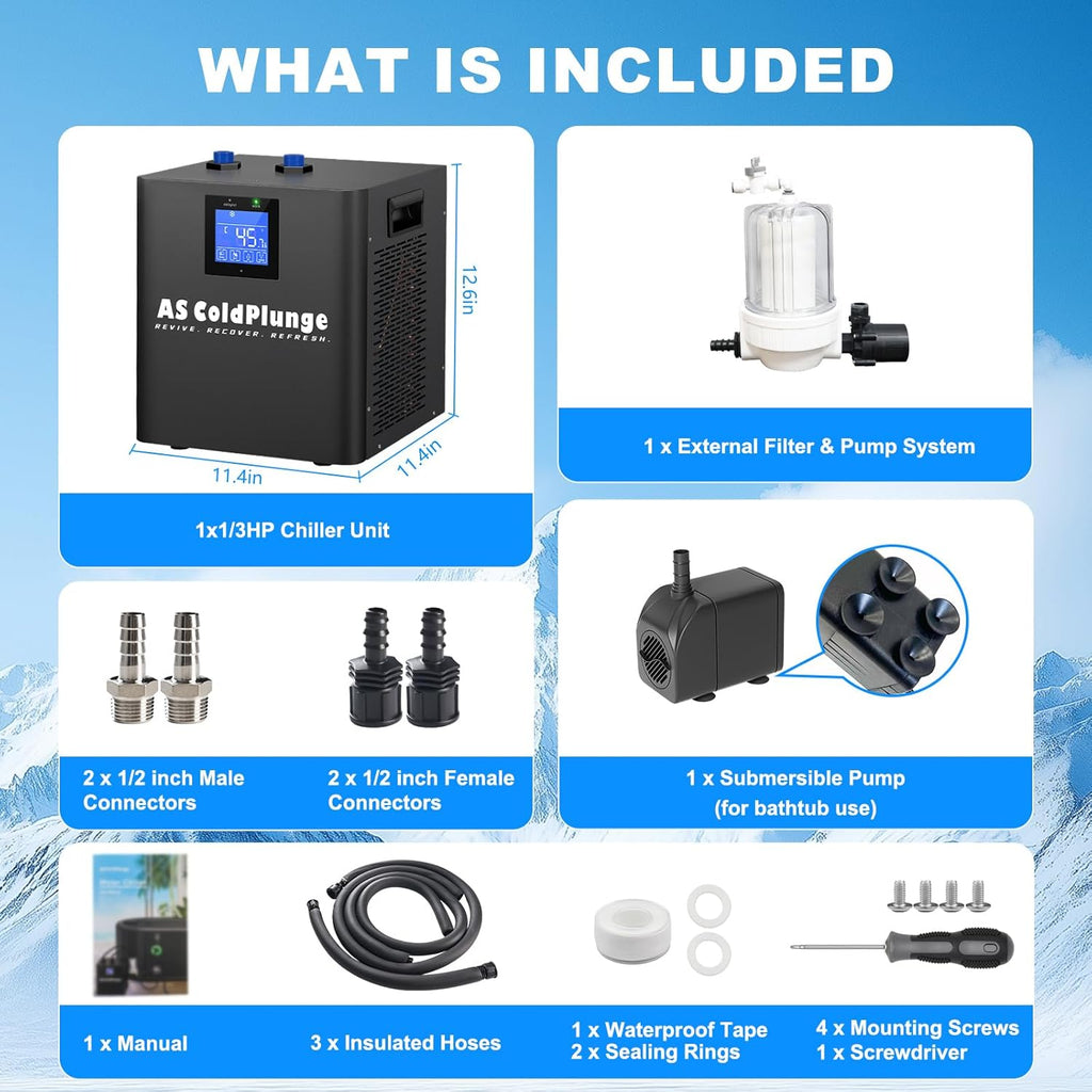 ColdPlunge Ice Bath Water Chiller for Cold Plunge Tubs, 1/3 HP Upgraded Ice Bath Chiller with External Filter Water Pump, Ideal for Cold Plunge Recovery Ice Bath Tubs Home Use 110V Cooling Chiller